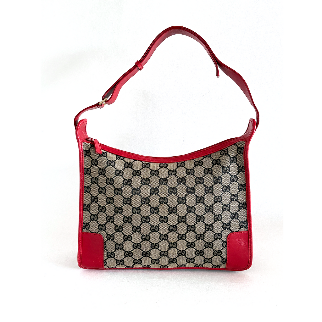 Gucci GG Canvas Shoulder Bag in beige with red leather details