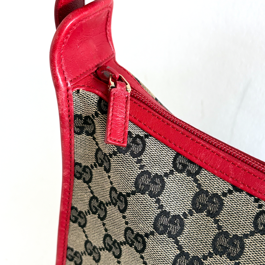 Gucci GG Canvas Shoulder Bag in beige with red leather details