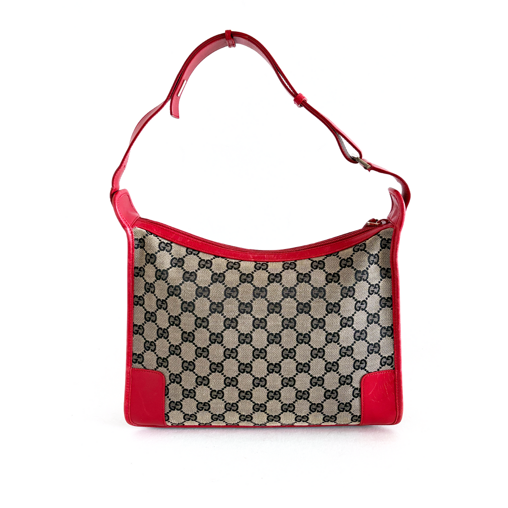 Gucci GG Canvas Shoulder Bag in beige with red leather details