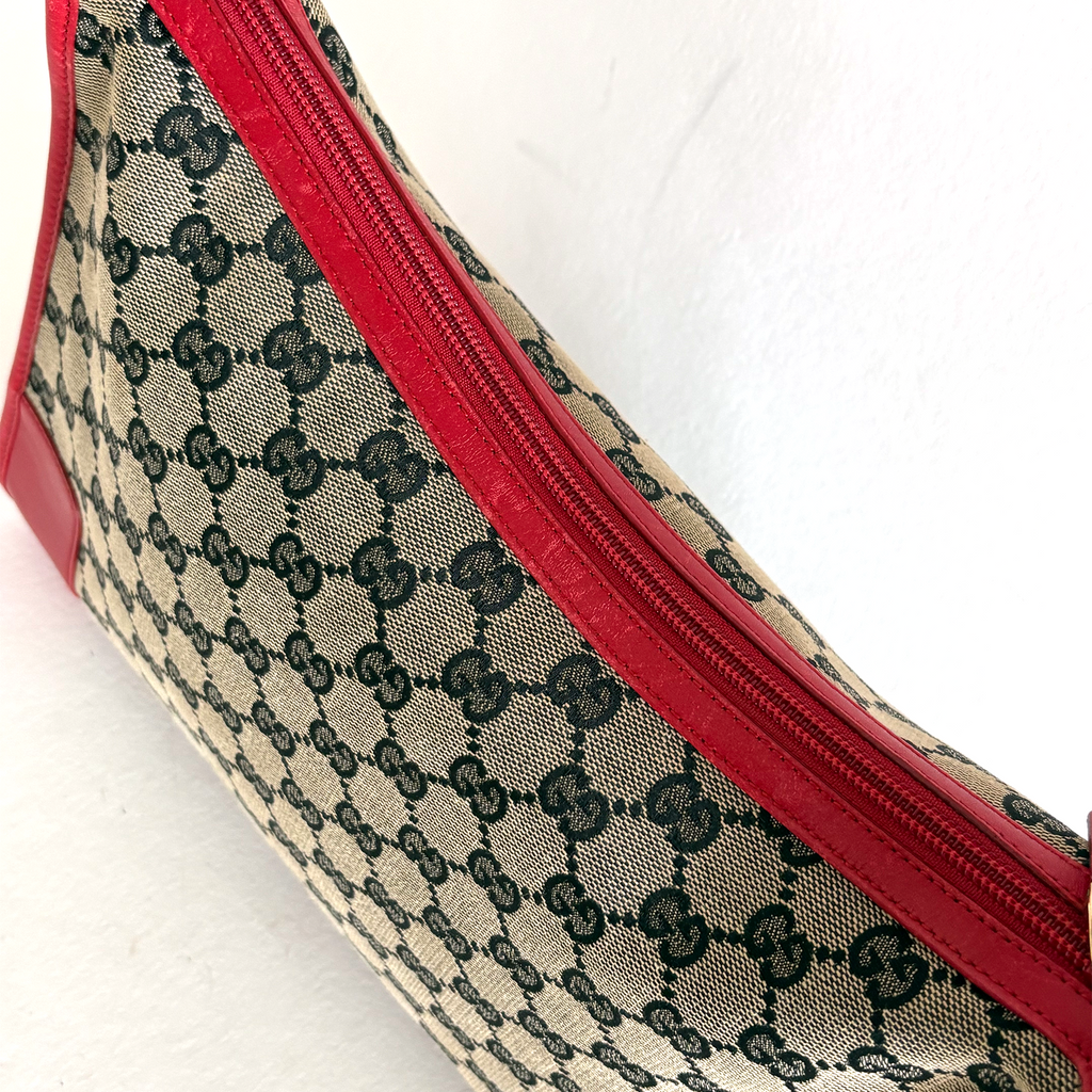 Gucci GG Canvas Shoulder Bag in beige with red leather details