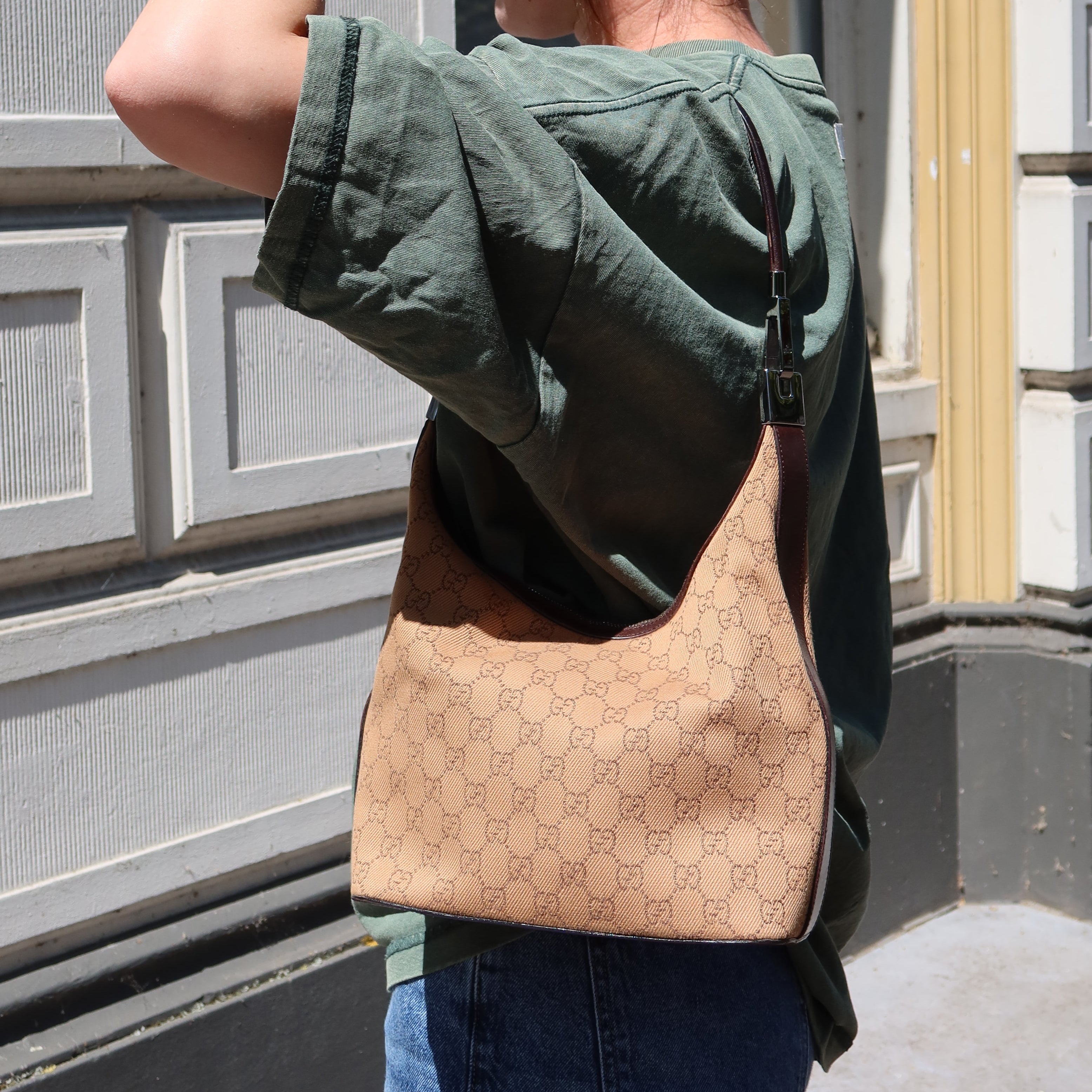 Gucci GG Jacquard Clasp Hobo Beige